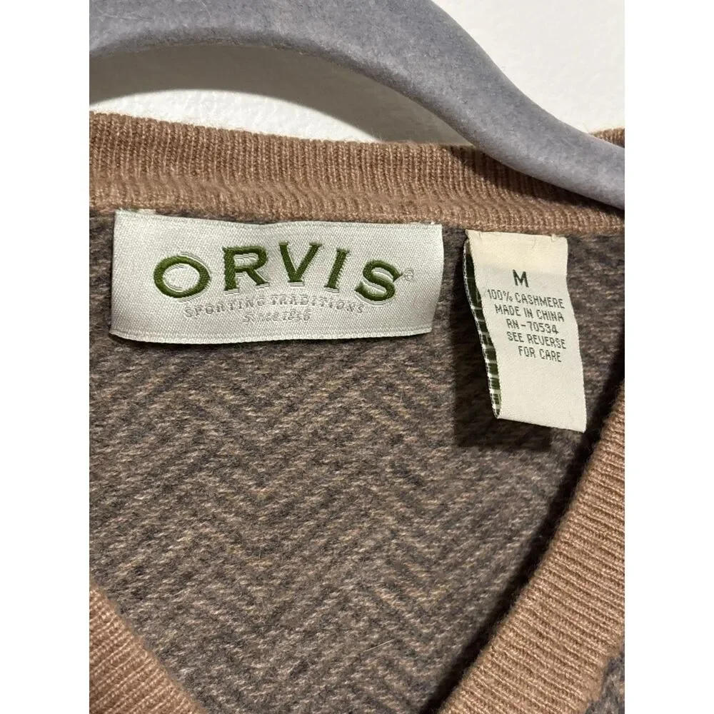Orvis 100% Cashmere‎ V Neck Sweater Herringbone Brown Tan Medium Preppy Luxury